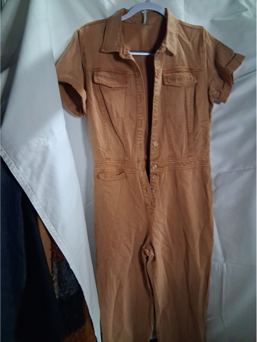 Young Fabulous & Broke Rust Brown Utility Jumpsuit Short Sleeve Denim Small O2